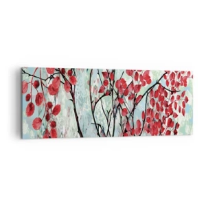 Obraz na płótnie - Czerwone liście na tle jasnego nieba z abstrakcyjnymi wzorami - 140x50cm - Drzewo w szkarłacie - Nowoczesna dekoracja ścienna do salonu i sypialni ARTTOR