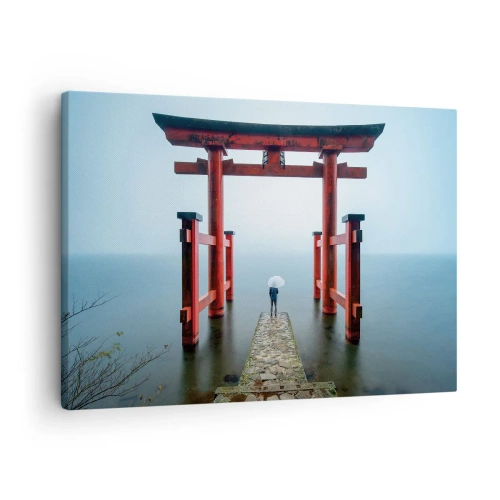 Obraz na płótnie - Brama torii nad spokojnym jeziorem w Japonii - 70x50cm - Japońska zaduma - Nowoczesna dekoracja ścienna do salonu i sypialni ARTTOR