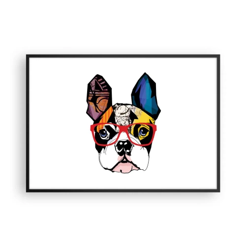 Plakat w czarnej ramie - Bulldog w kolorowej ilustracji z czerwonymi okularami - 100x70cm - Intelektualista - Nowoczesna dekoracja ścienna do salonu i sypialni ARTTOR