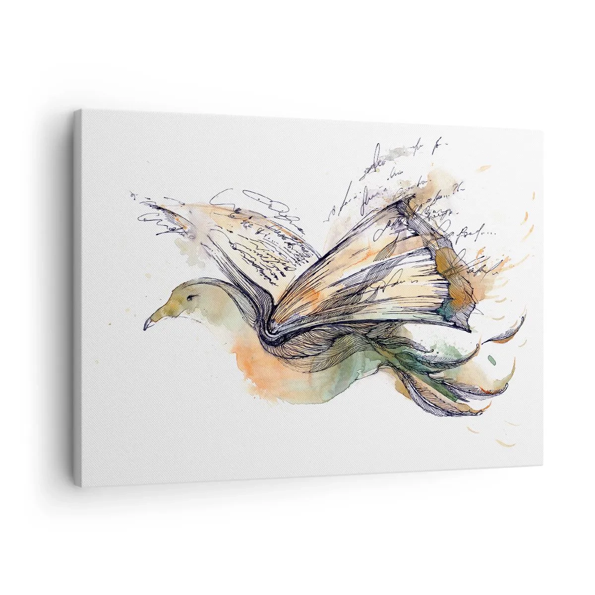Obraz na płótnie - Artystyczna akwarela ptaka z książką jako skrzydłami - 70x50cm - Na skrzydłach poezji - Nowoczesna dekoracja ścienna do salonu i sypialni ARTTOR
