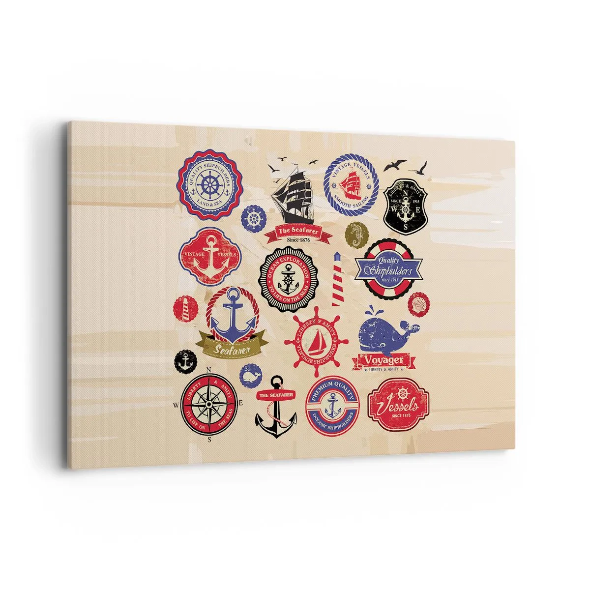 Obraz na płótnie - Kolekcja marynistycznych grafik i symboli na jasnym tle - 120x80cm - Żeglarskie braterstwo - Nowoczesna dekoracja ścienna do salonu, kuchni i sypialni ARTTOR