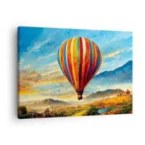 Obraz na płótnie - Kolorowy balon nad malowniczym krajobrazem - 70x50cm - W ciszy widać więcej - Nowoczesna dekoracja ścienna do salonu i sypialni ARTTOR