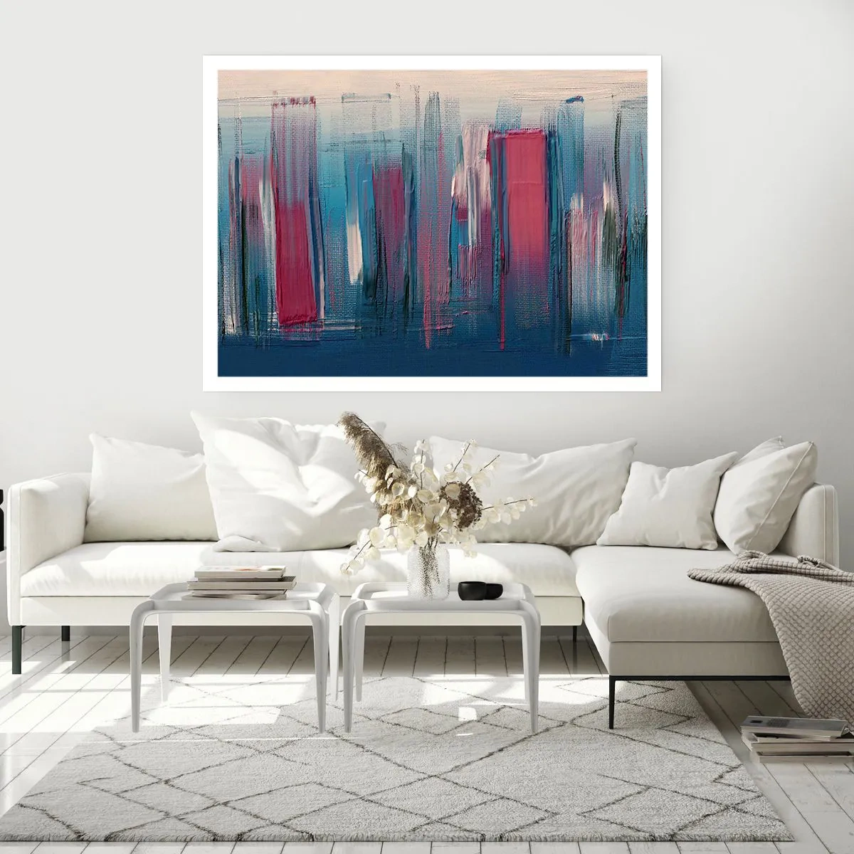 Plakat - Kompozycja wertykalna w błękicie i czerwieni - 70x50 cm