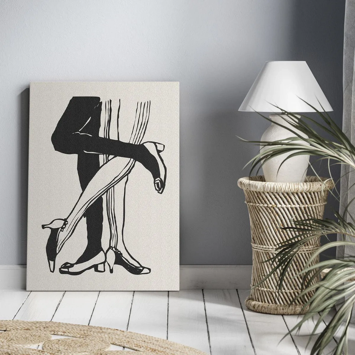 Obraz na płótnie - Minimalistyczna czarno-biała ilustracja splecionych nóg tańczącej pary - 80x120cm - Kobiecy atrybut - Nowoczesna dekoracja ścienna do salonu i sypialni ARTTOR