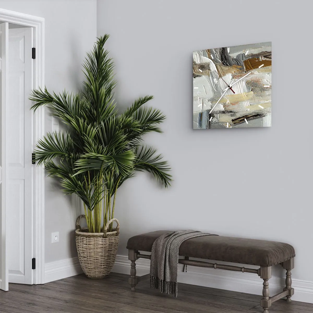 Zegar ścienny - Teksturalna abstrakcja w odcieniach ziemi i bieli - 30x30cm - Barwne nawarstwienia - Nowoczesna dekoracja ścienna do salonu i sypialni ARTTOR