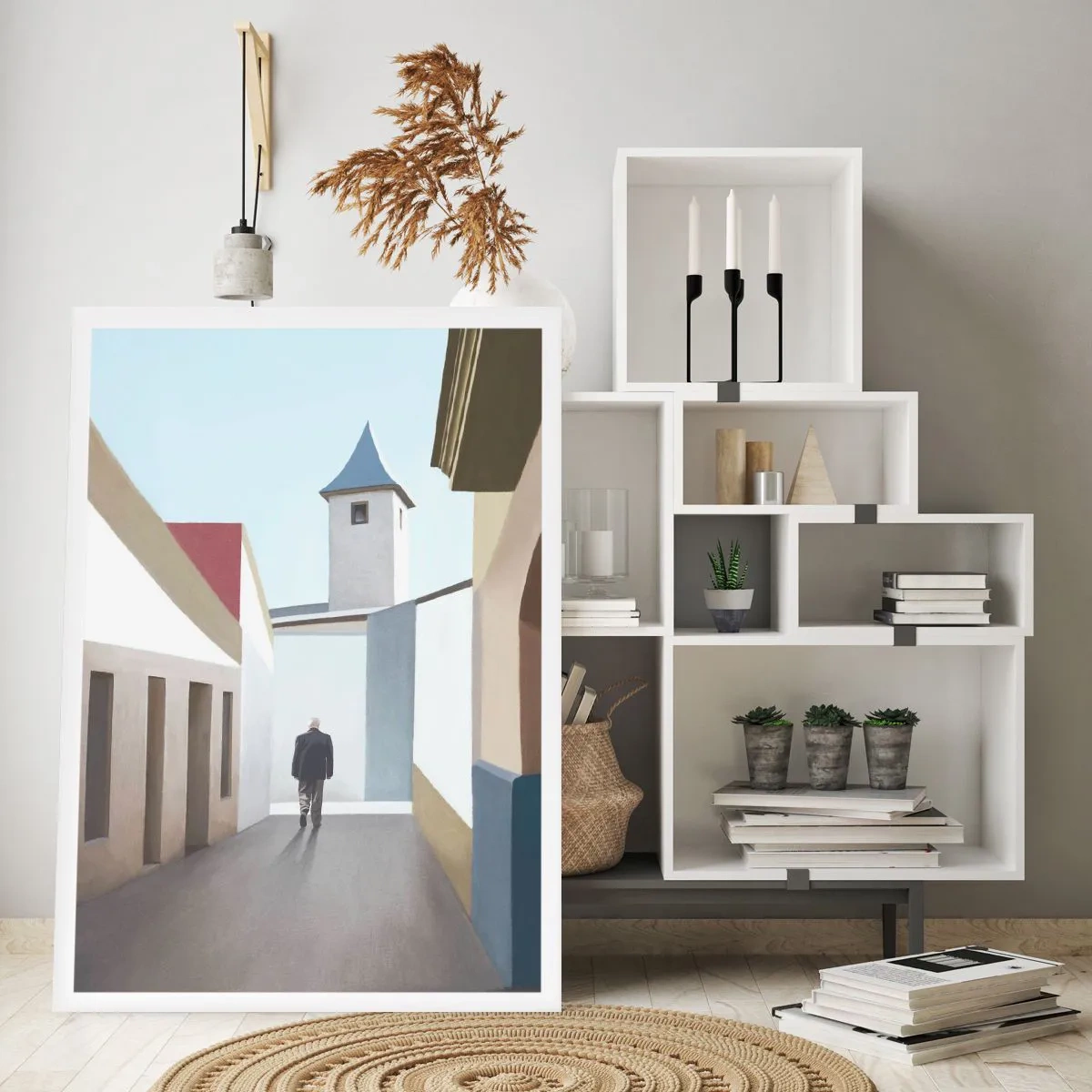 Plakat - Minimalistyczna uliczka z samotnym przechodniem - 50x70cm - Słoneczny spacer - Nowoczesna dekoracja ścienna do salonu, kuchni i sypialni ARTTOR