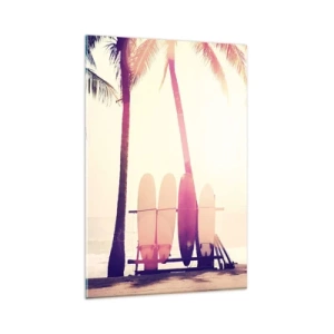 Obraz na szkle - Palmy i deski surfingowe na plaży w promieniach słońca - 80x120cm - To będzie wspaniały dzień - Nowoczesna dekoracja ścienna do salonu i sypialni ARTTOR
