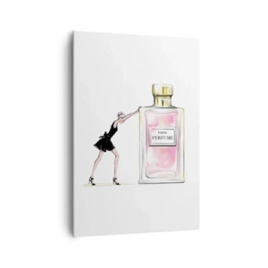 Obraz na płótnie - Kobieta w czarnej sukience przy flakonie perfum - 70x100cm - Esencja kobiecości - Nowoczesna dekoracja ścienna do salonu i sypialni ARTTOR