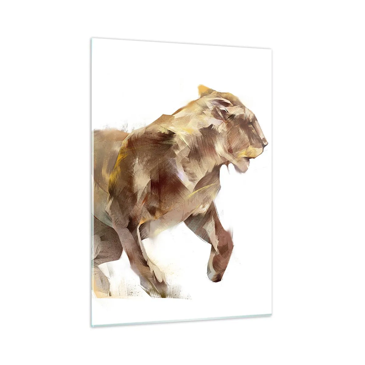 Obraz na szkle - Dynamiczna sylwetka lwa w artystycznym stylu na białym tle - 50x70cm - Dzika gracja - Nowoczesna dekoracja ścienna do salonu, kuchni i sypialni ARTTOR