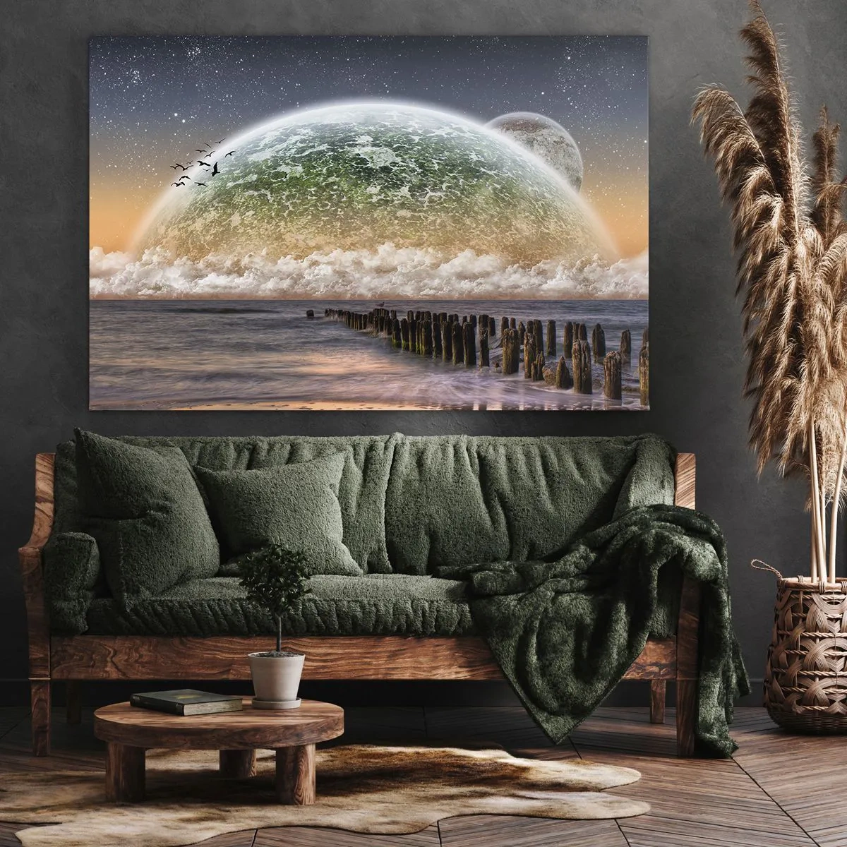 Obraz na płótnie - Fantastyczny krajobraz z wielką planetą nad morzem i drewnianym pomostem. - 70x50cm - I świat wyłonił się z wody - Nowoczesna dekoracja ścienna do salonu i sypialni ARTTOR