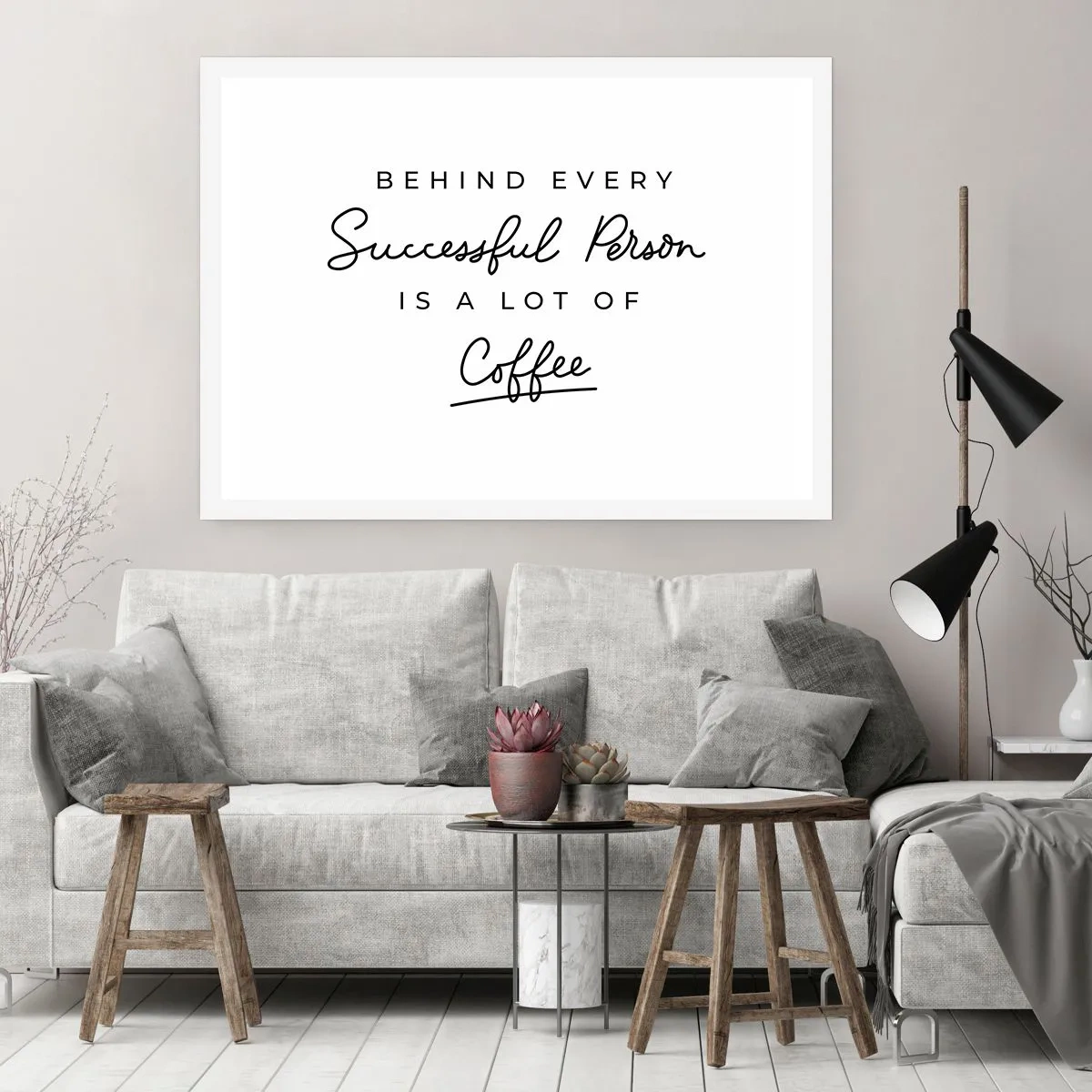 Plakat - Minimalistyczny cytat o sukcesie i kawie na białym tle - 100x70cm - Tajemnica sukcesu - Nowoczesna dekoracja ścienna do salonu i sypialni ARTTOR