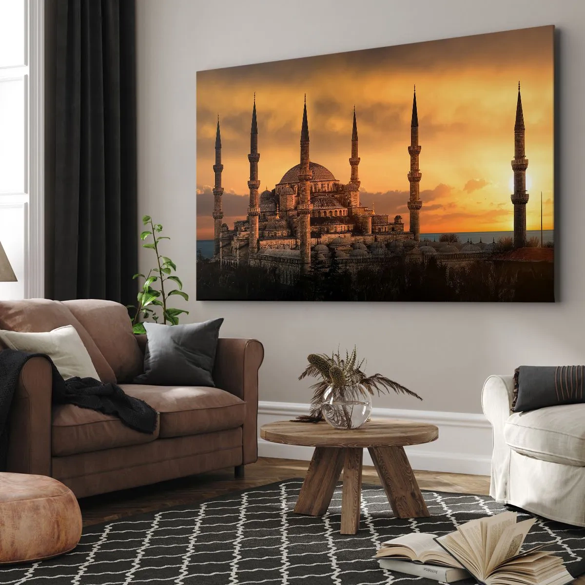 Obraz na płótnie - Meczet o zachodzie słońca w ciepłych barwach - 70x50cm - Bóg jest wielki - Nowoczesna dekoracja ścienna do salonu i sypialni ARTTOR
