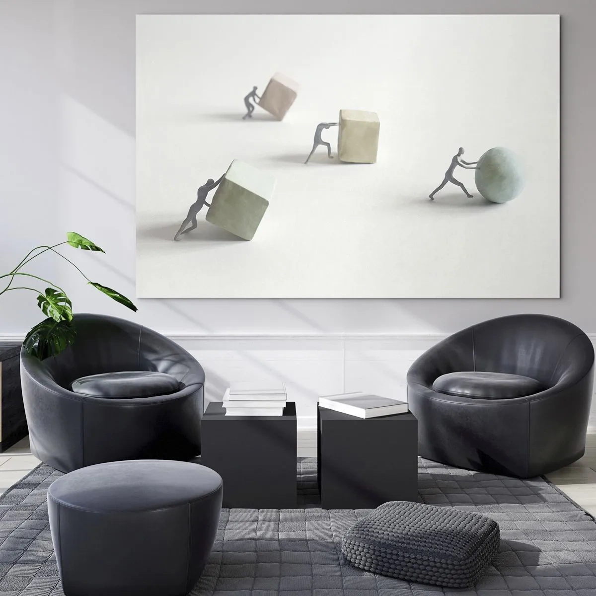 Obraz na szkle - Miniaturowe postacie toczą i pchają geometryczne bryły - 70x50cm - Samo życie - Nowoczesna dekoracja ścienna do salonu i sypialni ARTTOR
