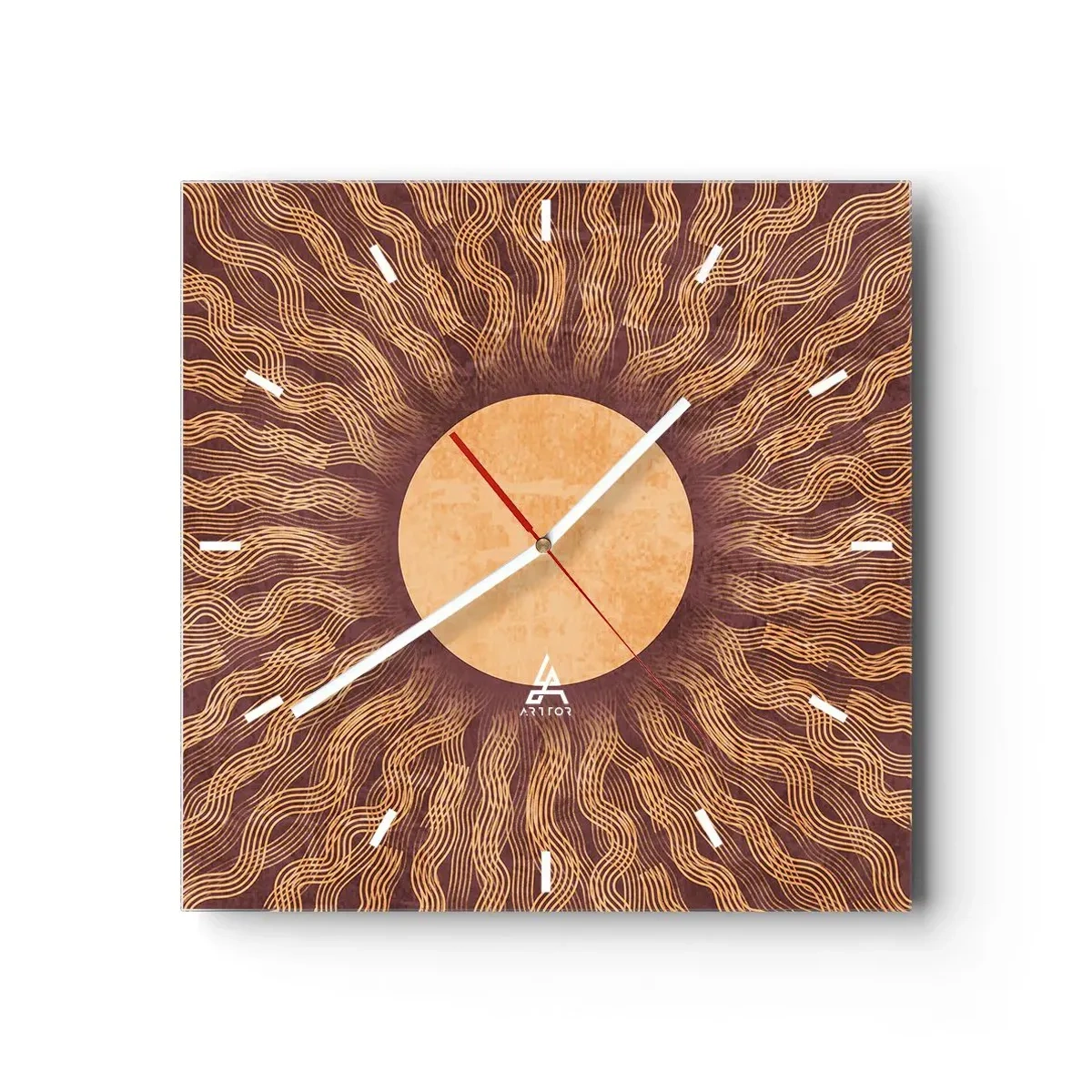 Zegar ścienny - Słoneczny wzór z promieniami na tle w odcieniach brązu - 30x30cm - Ikona słońca - Nowoczesna dekoracja ścienna do salonu i sypialni ARTTOR