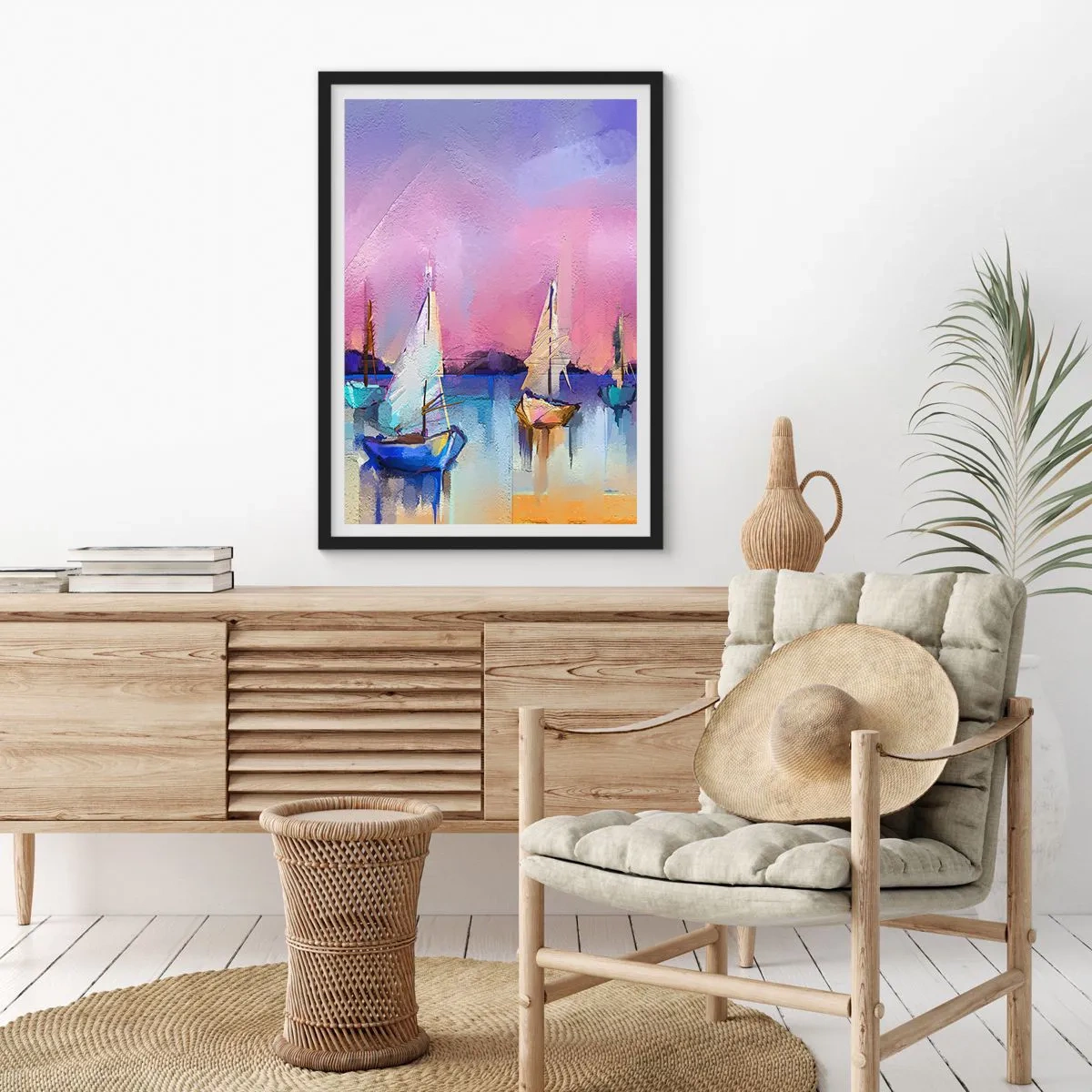 Plakat w czarnej ramie - Abstrakcyjne żaglówki na kolorowym tle - 50x70cm - Kierunek: szerokie wody - Nowoczesna dekoracja ścienna do salonu i sypialni ARTTOR