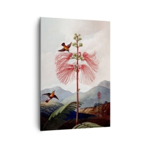 Obraz na płótnie - Ilustracja botaniczna z egzotycznym kwiatem i kolibrami na tle górskiego krajobrazu - 70x100cm - W tropikalnym raju - Nowoczesna dekoracja ścienna do salonu i sypialni ARTTOR