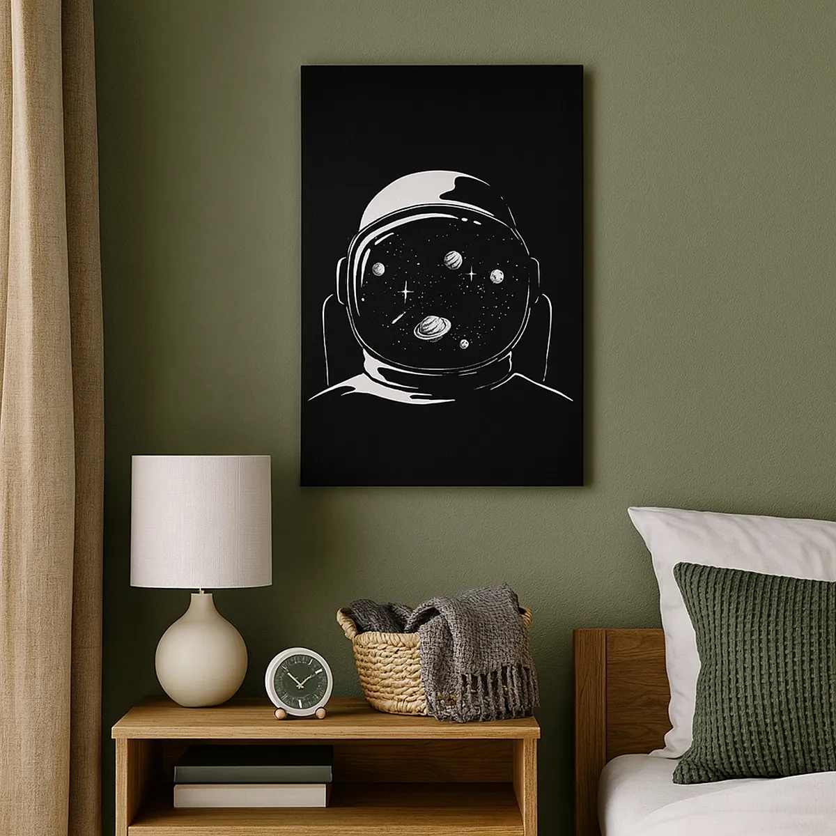 Obraz na płótnie - Czarno-biała ilustracja astronauty z planetami odbijającymi się w hełmie - 50x70cm - Niezły widok - Nowoczesna dekoracja ścienna do salonu, kuchni i sypialni ARTTOR