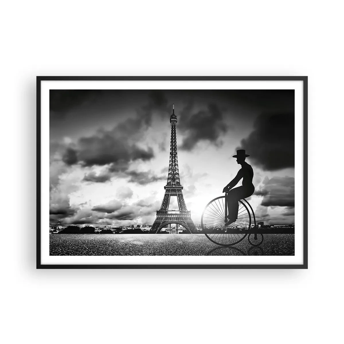 Plakat w czarnej ramie - Czarno-biały obraz z rowerem retro i wieżą Eiffla w tle - 100x70cm - Tęsknota do Belle Epoque - Nowoczesna dekoracja ścienna do salonu i sypialni ARTTOR