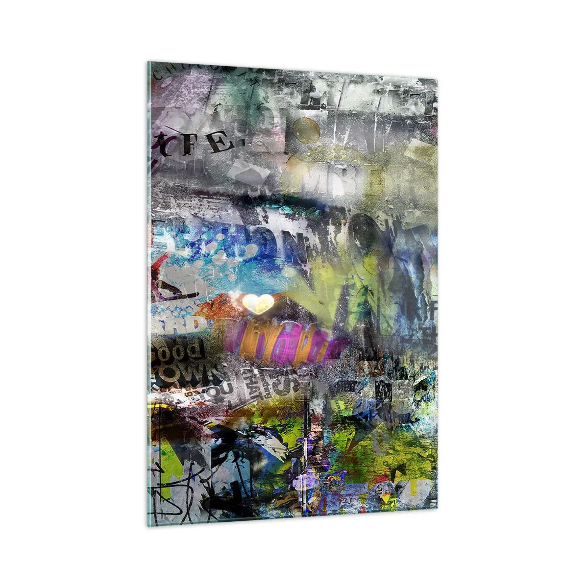 Obraz na szkle - Kolorowy kolaż graffiti w stylu abstrakcyjnym - 50x70cm - Kolaż wspomnień - Nowoczesna dekoracja ścienna do salonu, kuchni i sypialni ARTTOR