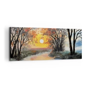 Obraz na płótnie - Zachód słońca nad rzeką w jesiennym krajobrazie - 120x50cm - Jesienne klimaty - Nowoczesna dekoracja ścienna do salonu i sypialni ARTTOR