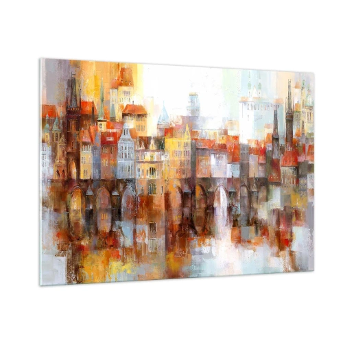 Obraz na szkle - Kolorowa panorama miasta z mostem i odbiciem w wodzie - 100x70cm - Pod mostem też pięknie - Nowoczesna dekoracja ścienna do salonu, kuchni i sypialni ARTTOR