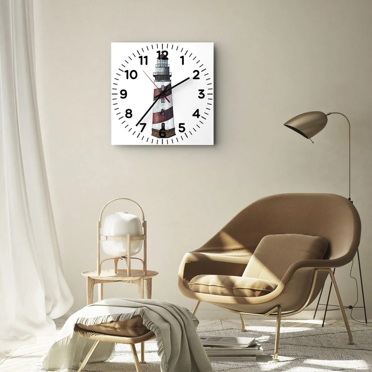 Zegar ścienny - Rysunkowy obraz latarni morskiej z czerwono-białymi pasami na minimalistycznym tle - 30x30cm - Zawsze na straży - Nowoczesna dekoracja ścienna do salonu i sypialni ARTTOR