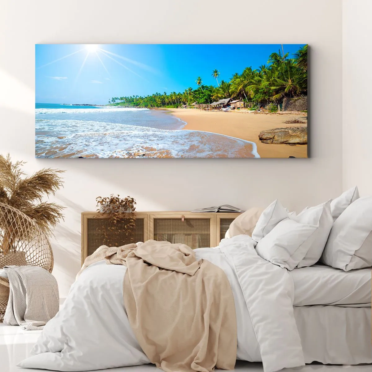 Obraz na płótnie - Tropikalna plaża z palmami i błękitnym niebem - 160x50cm - Egzotyczne miejsce dla ciebie - Nowoczesna dekoracja ścienna do salonu i sypialni ARTTOR