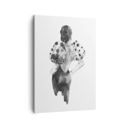 Obraz na płótnie - Czarno-biała akwarela kobiety w eleganckim stroju z bufkami - 50x70cm - Przeszła tuż obok - Nowoczesna dekoracja ścienna do salonu, kuchni i sypialni ARTTOR