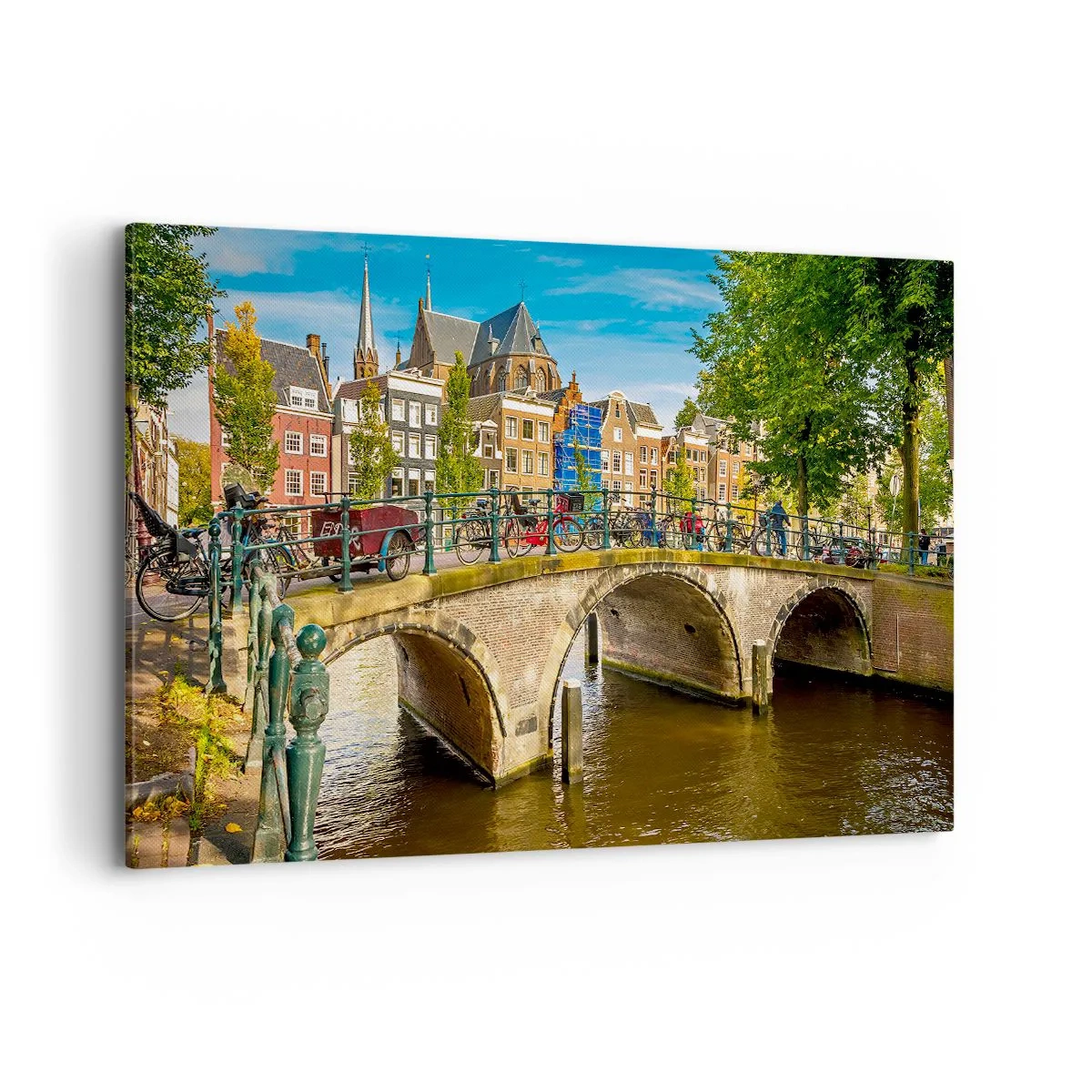 Obraz na płótnie - Malowniczy kanał z mostem w Amsterdamie - 120x80cm - Wiosna nad kanałem - Nowoczesna dekoracja ścienna do salonu, kuchni i sypialni ARTTOR