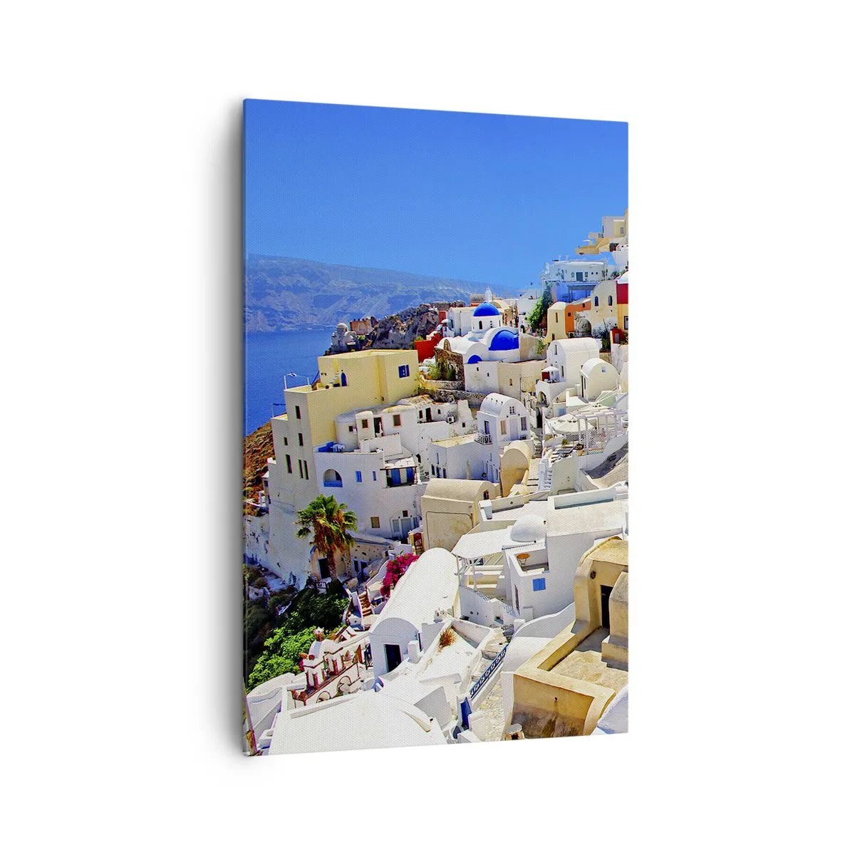 Obraz na płótnie - Panorama Santorini z białymi domami i błękitnym niebem - 80x120cm - Marzenie o greckim lecie - Nowoczesna dekoracja ścienna do salonu i sypialni ARTTOR