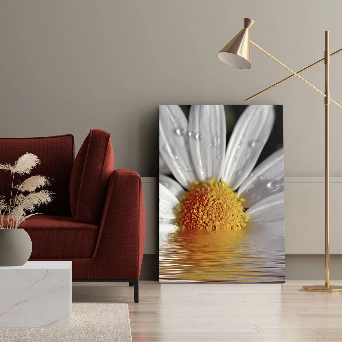 Obraz na płótnie - Kwiat stokrotki z odbiciem w wodzie - 50x70cm - Wschodzące słońce margaretki - Nowoczesna dekoracja ścienna do salonu, kuchni i sypialni ARTTOR