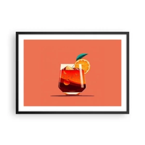 Plakat w czarnej ramie - Szklanka z napojem i plasterkiem pomarańczy na pomarańczowym tle - 70x50cm - Letnie orzeźwienie - Nowoczesna dekoracja ścienna do salonu i sypialni ARTTOR