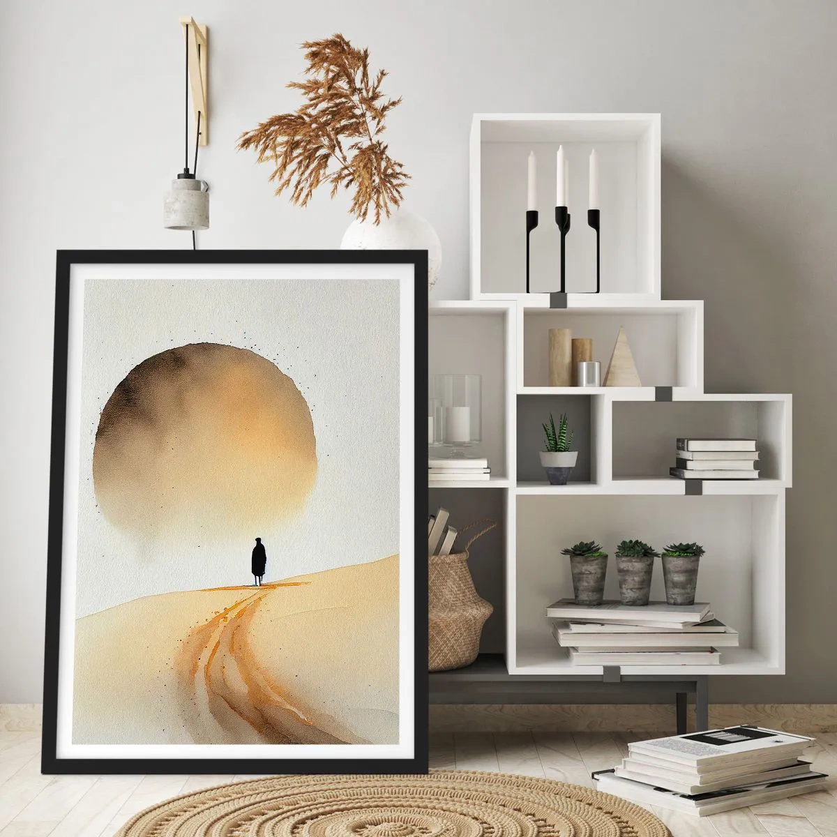 Plakat w czarnej ramie - Sylwetka wędrowca na pustynnej drodze - 50x70cm - Zawsze tęsknota - Nowoczesna dekoracja ścienna do salonu i sypialni ARTTOR