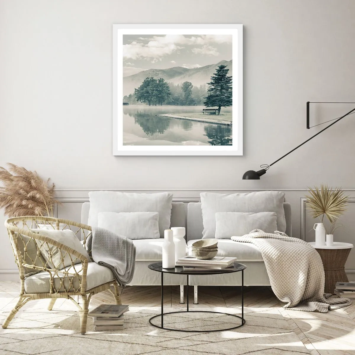 Plakat w białej ramie - Jezioro jeszcze śpi - 50x50 cm