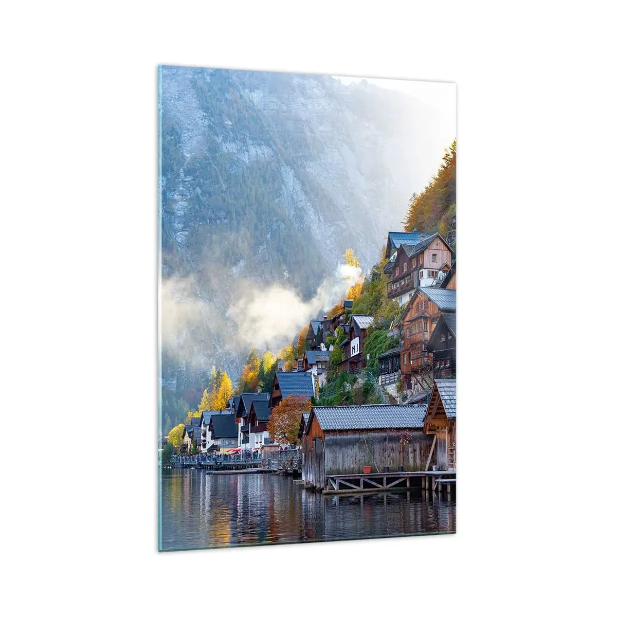 Obraz na szkle - Górska wioska nad jeziorem w jesiennej scenerii - 70x100cm - Alpejskie klimaty - Nowoczesna dekoracja ścienna do salonu i sypialni ARTTOR