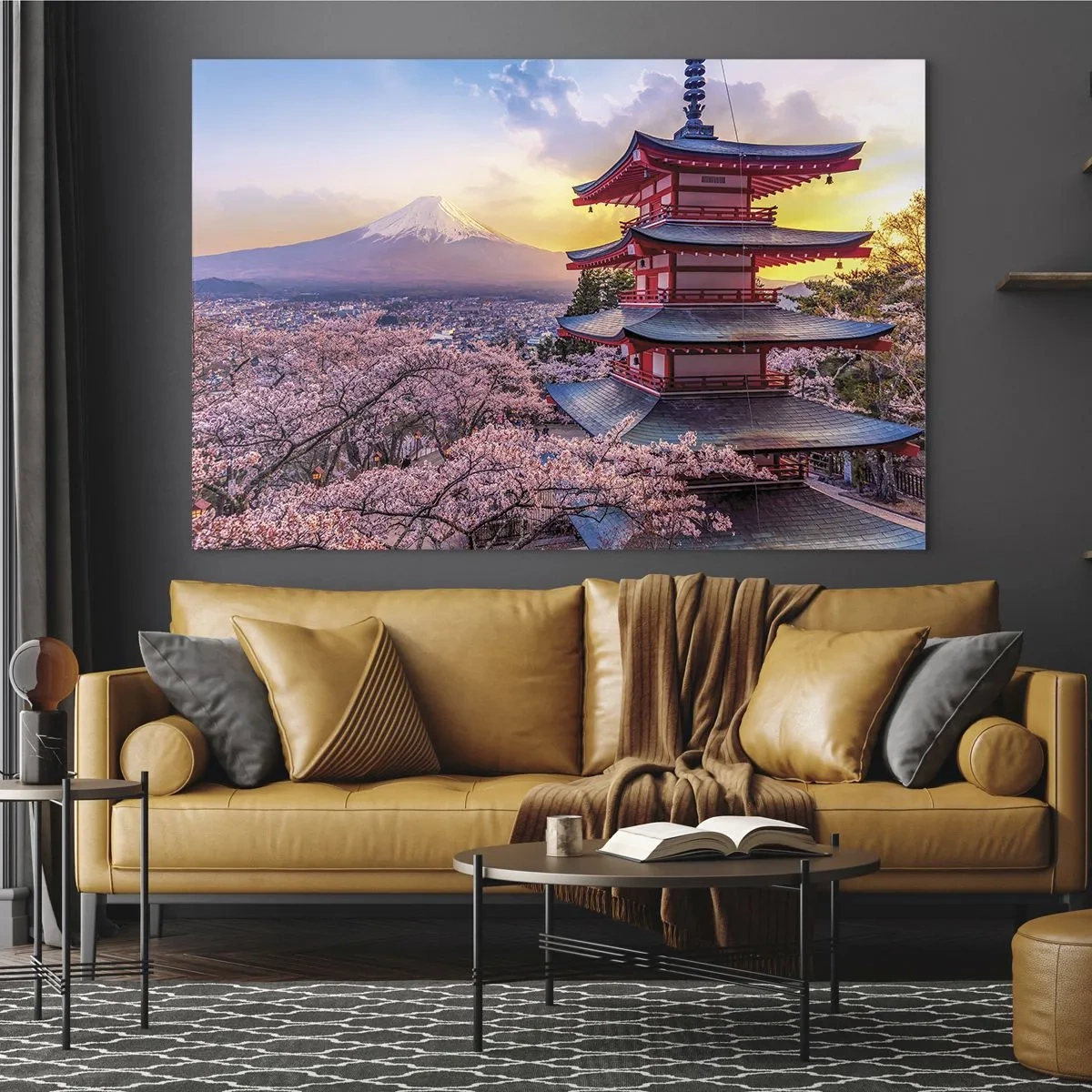 Obraz na szkle - Pagoda w japońskim krajobrazie z widokiem na górę Fuji i kwitnące drzewa - 120x80cm - Esencja japońskiego ducha - Nowoczesna dekoracja ścienna do salonu, kuchni i sypialni ARTTOR