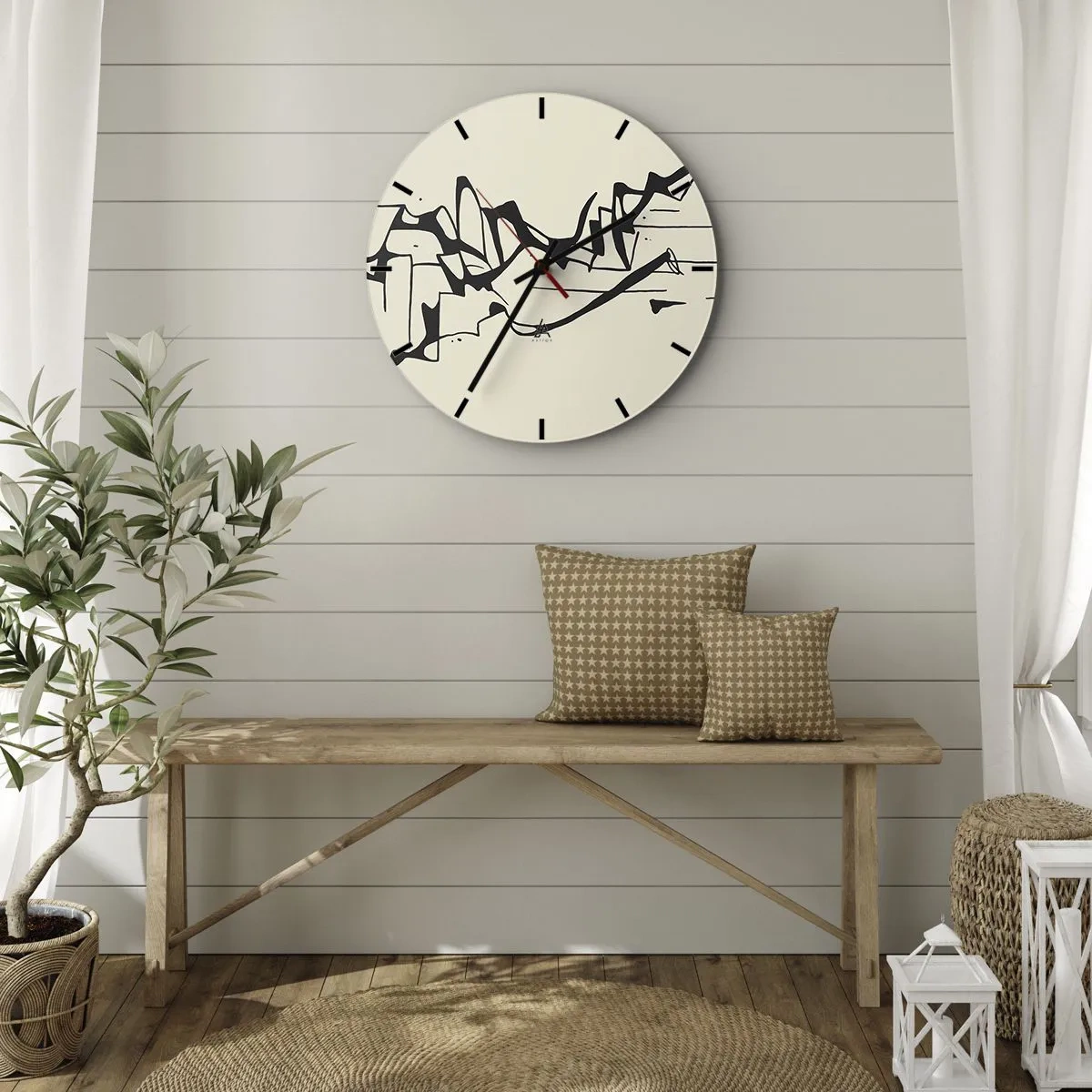 Zegar ścienny - Abstrakcyjne czarne linie na kremowym tle przypominające pejzaż - 30x30cm - Być może pejzaż - Nowoczesna dekoracja ścienna do salonu, kuchni i sypialni ARTTOR