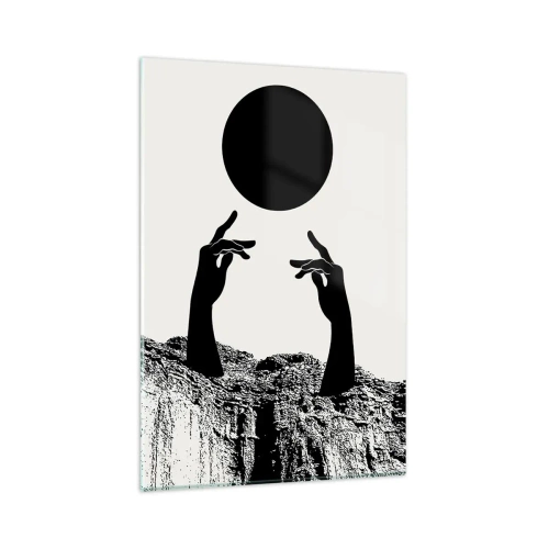 Obraz na szkle - Czarne dłonie wyłaniające się z ziemi sięgające po czarne słońce - 80x120cm - Kompozycja surrealistyczna: słońce i reszta - Nowoczesna dekoracja ścienna do salonu i sypialni ARTTOR