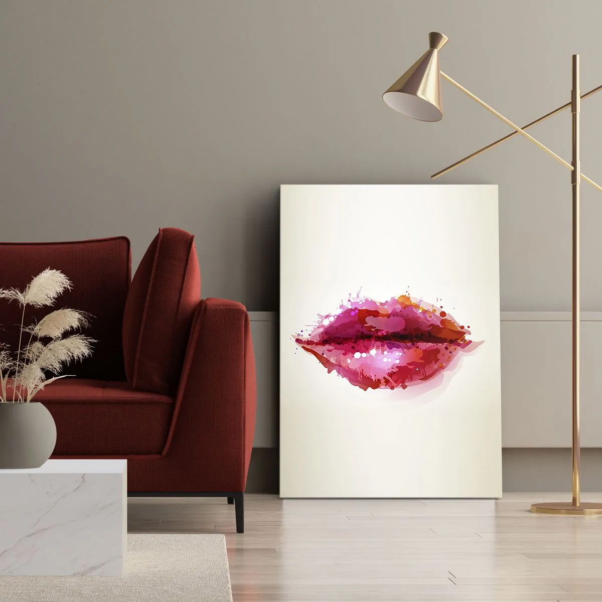 Obraz na płótnie - Abstrakcyjny malunek ust w intensywnych kolorach - 50x70cm - Czerwieńszy odcień czerwieni - Nowoczesna dekoracja ścienna do salonu, kuchni i sypialni ARTTOR