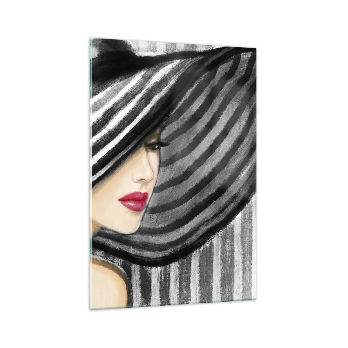Obraz na szkle - Kobieta w kapeluszu w czarno-białym stylu z czerwonym akcentem - 70x100cm - Gdzie ciebie szukać? - Nowoczesna dekoracja ścienna do salonu i sypialni ARTTOR