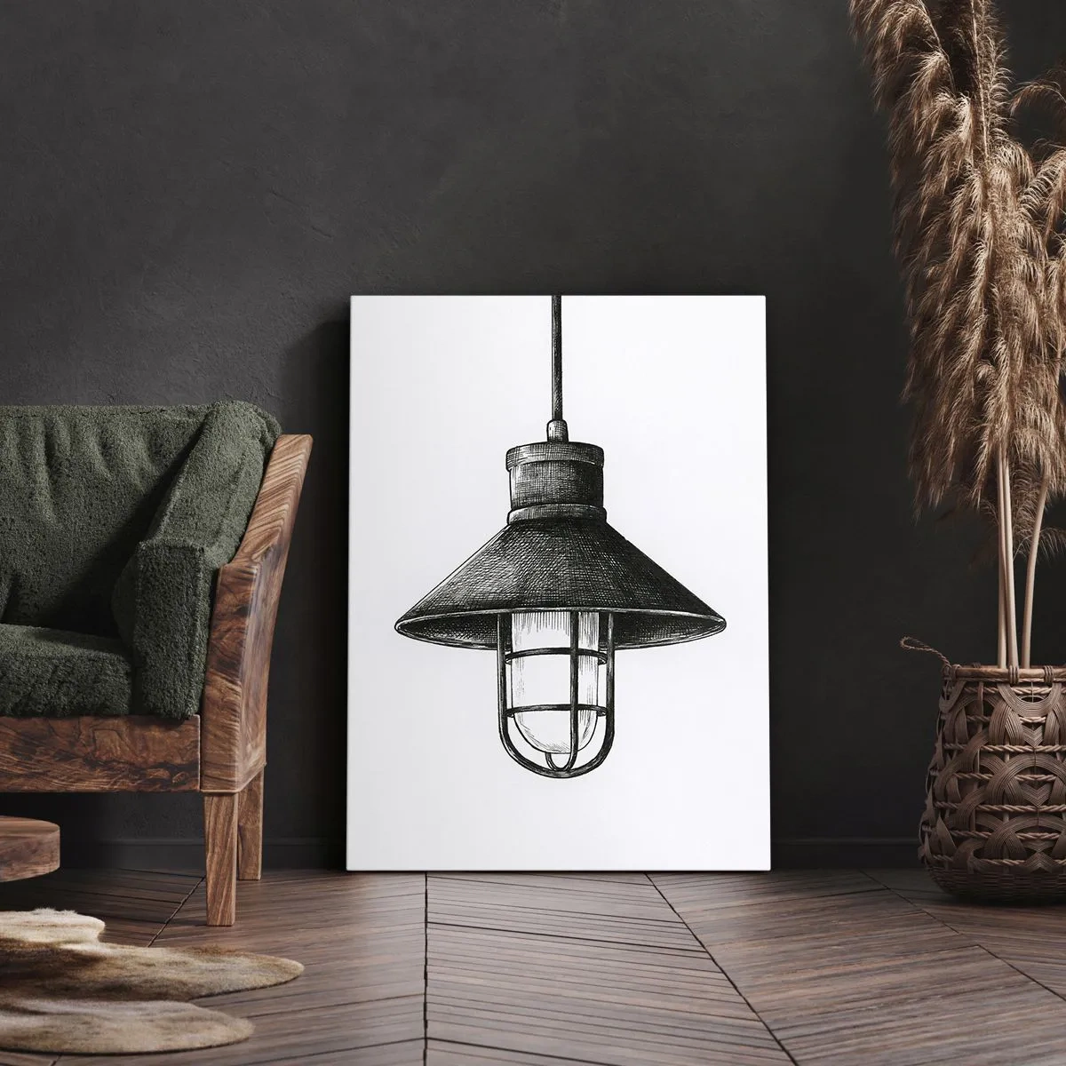 Obraz na płótnie - Rysunek wiszącej lampy w stylu retro na białym tle - 80x120cm - Jak przed laty… - Nowoczesna dekoracja ścienna do salonu i sypialni ARTTOR