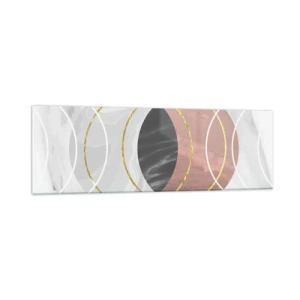Obraz na szkle - Abstrakcyjna kompozycja geometryczna z kołami i metalicznymi detalami - 160x50cm - Muzyka sfer - Nowoczesna dekoracja ścienna do salonu i sypialni ARTTOR
