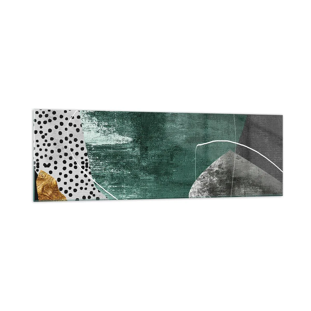 Obraz na szkle - Abstrakcyjna kompozycja z zielonymi kształtami i wzorami kropek - 160x50cm - Barwna abstrakcja z płatkiem złota - Nowoczesna dekoracja ścienna do salonu i sypialni ARTTOR