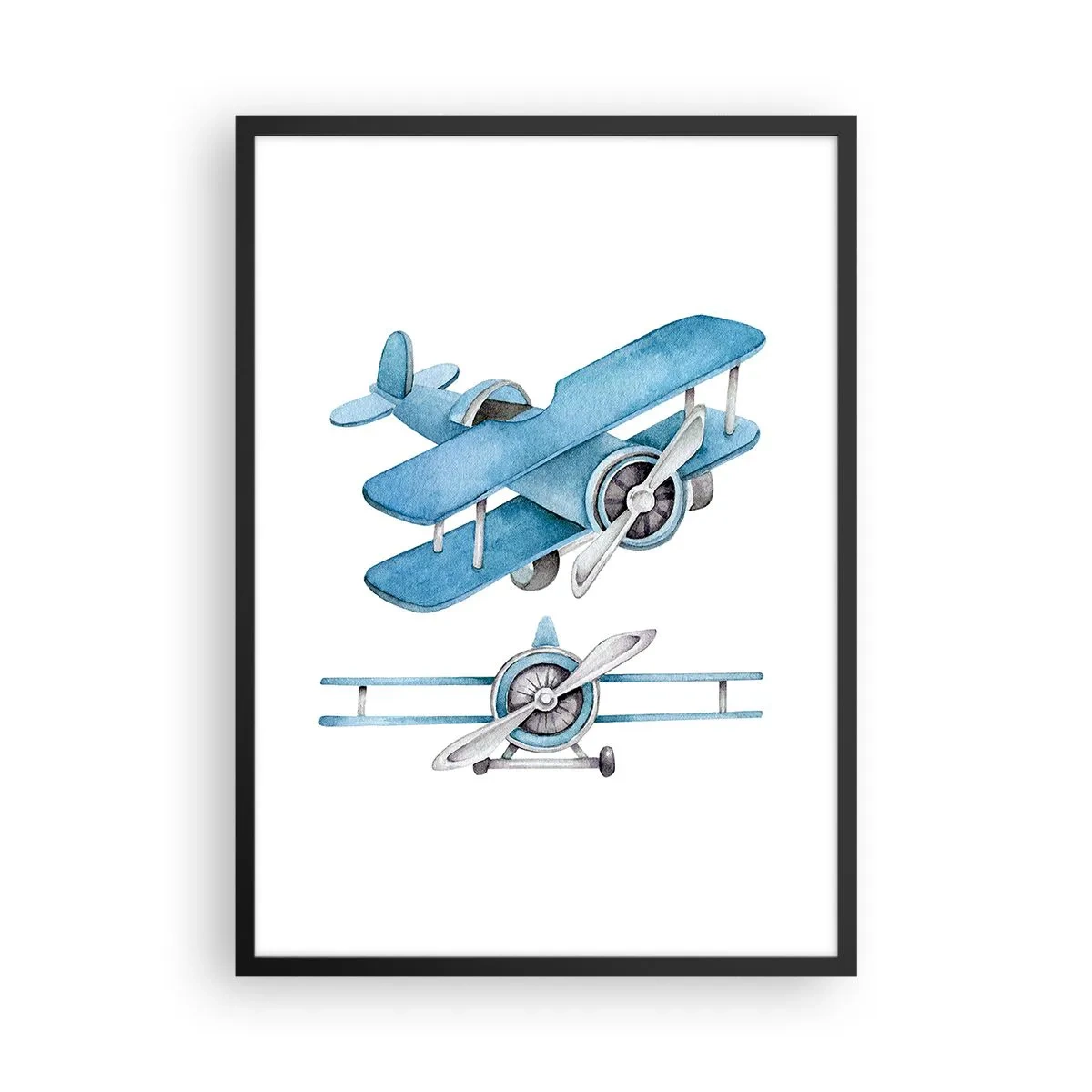 Plakat w czarnej ramie - Akwarelowe niebieskie dwupłatowce - 50x70cm - Urodzony zwycięzca - Nowoczesna dekoracja ścienna do salonu i sypialni ARTTOR