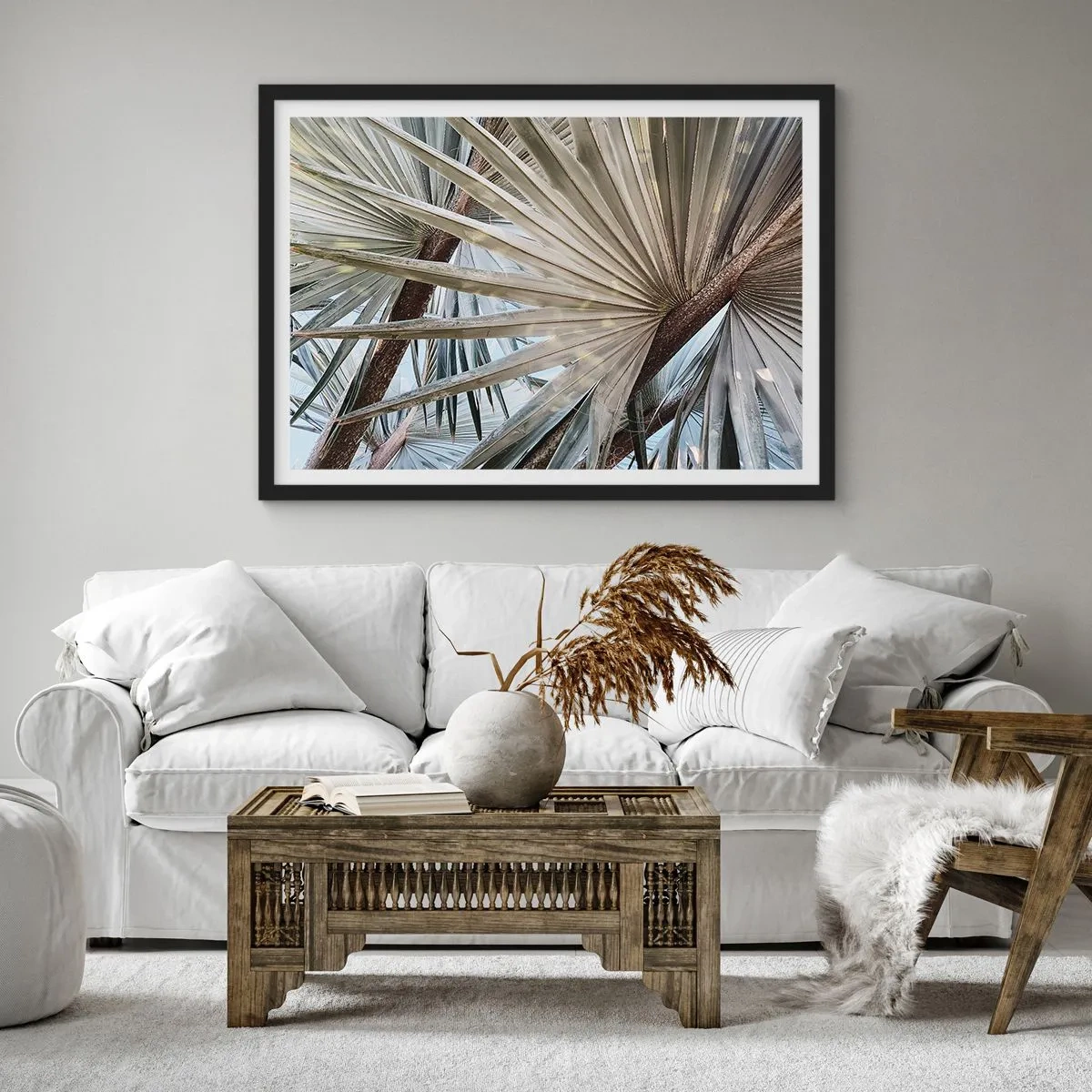 Plakat w czarnej ramie - Liście palmowe w naturalnych odcieniach zieleni na zbliżeniu - 70x50cm - Wachlarze w tropikach - Nowoczesna dekoracja ścienna do salonu i sypialni ARTTOR