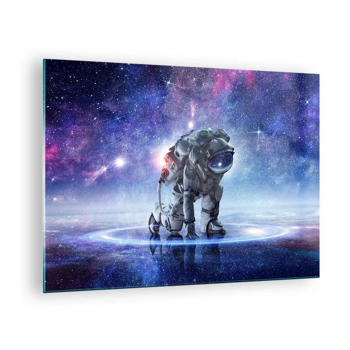 Obraz na szkle - Astronauta w kosmosie na tle gwiaździstego nieba - 70x50cm - Niebo gwiaździste nade mną - Nowoczesna dekoracja ścienna do salonu i sypialni ARTTOR