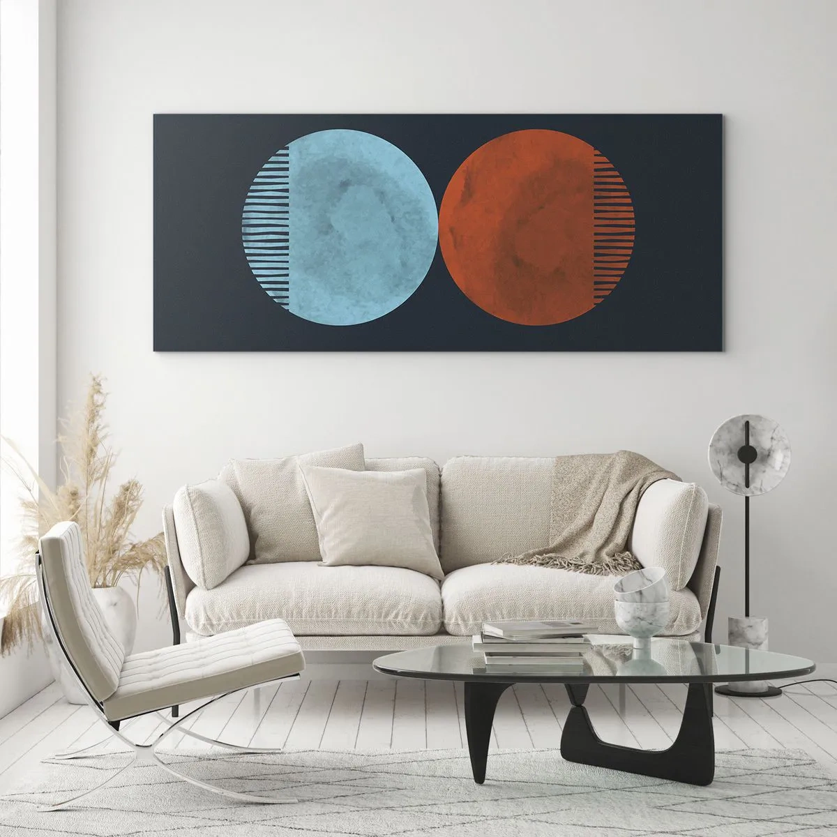 Obraz na szkle - Minimalistyczne dwa koła w kolorach niebieskim i pomarańczowym - 120x50cm - Tylko geometria? - Nowoczesna dekoracja ścienna do salonu i sypialni ARTTOR