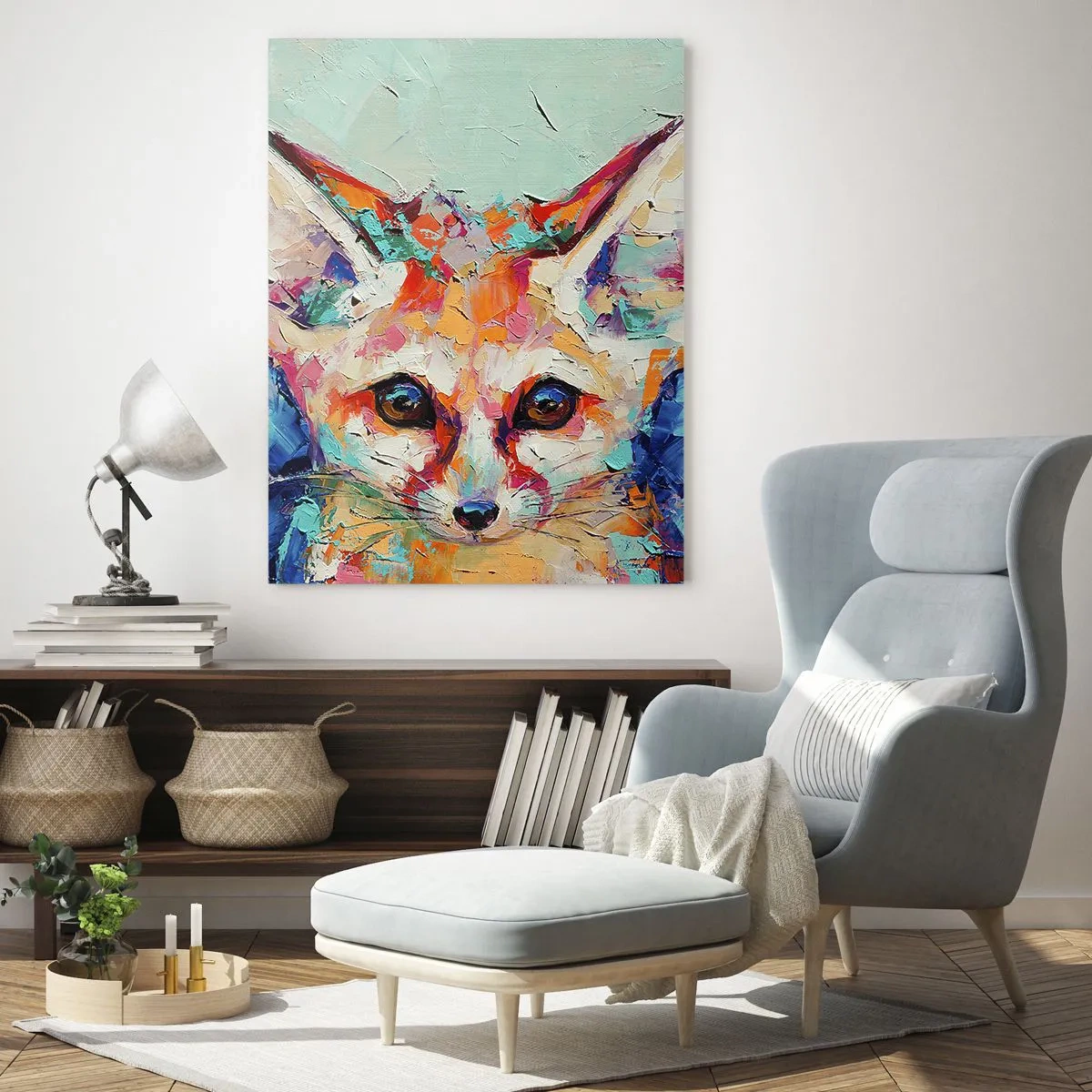 Obraz na szkle - Colorful portrait of a fox with expressive eyes and bold brushstrokes - 50x70cm - Jesteście na mnie gotowi? - Nowoczesna dekoracja ścienna do salonu, kuchni i sypialni ARTTOR
