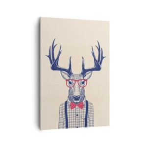 Obraz na płótnie - Stylizowana grafika jelenia w okularach i muszce - 70x100cm - Zabawna ekstrawagancja - Nowoczesna dekoracja ścienna do salonu i sypialni ARTTOR