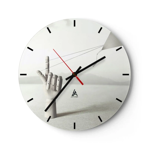 Zegar ścienny - Drewniana dłoń napinająca linki w surrealistycznym krajobrazie - 30x30cm - Próba sił - Nowoczesna dekoracja ścienna do salonu, kuchni i sypialni ARTTOR